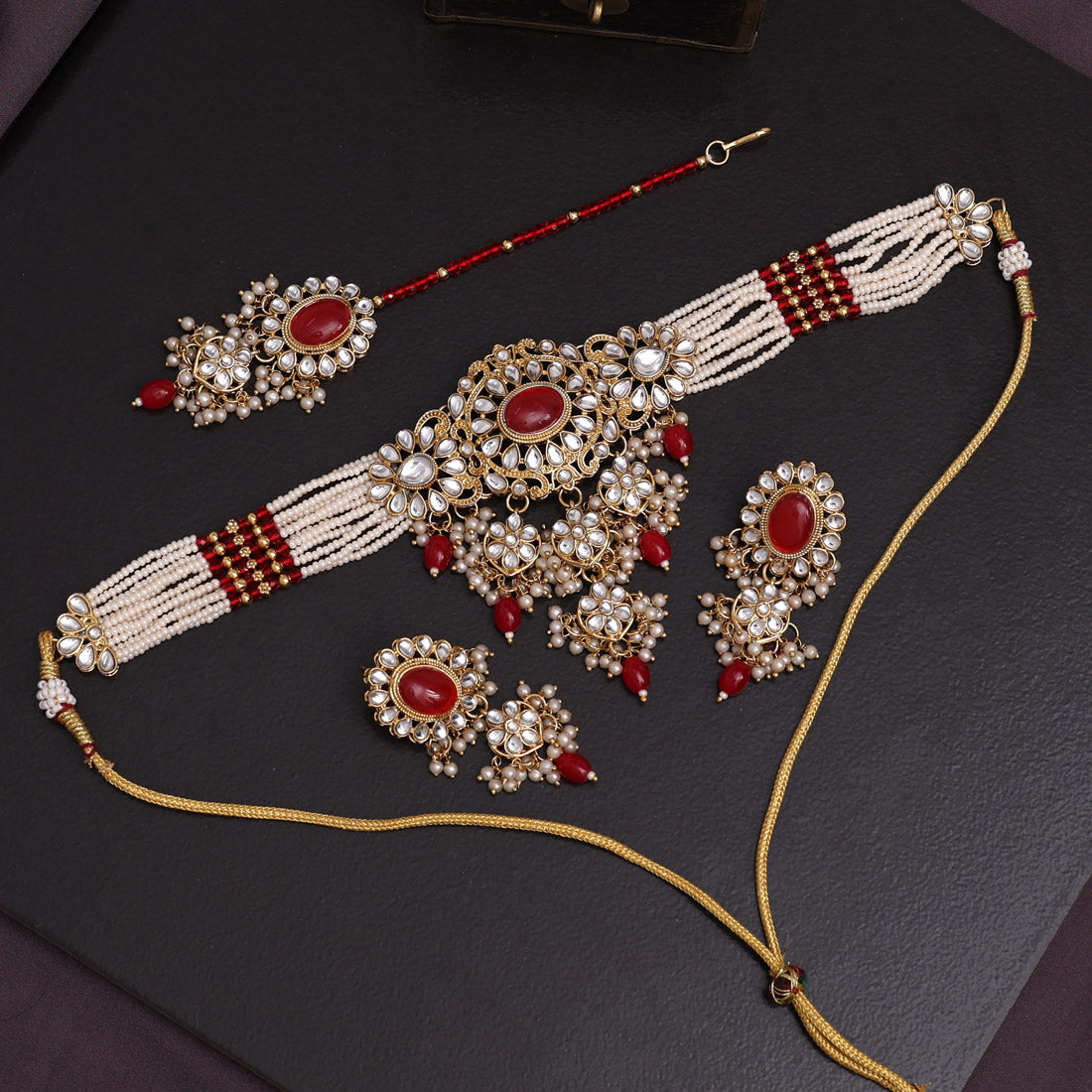 Red Color Choker Kundan Necklace Set (KN1356RED) - preyans.com