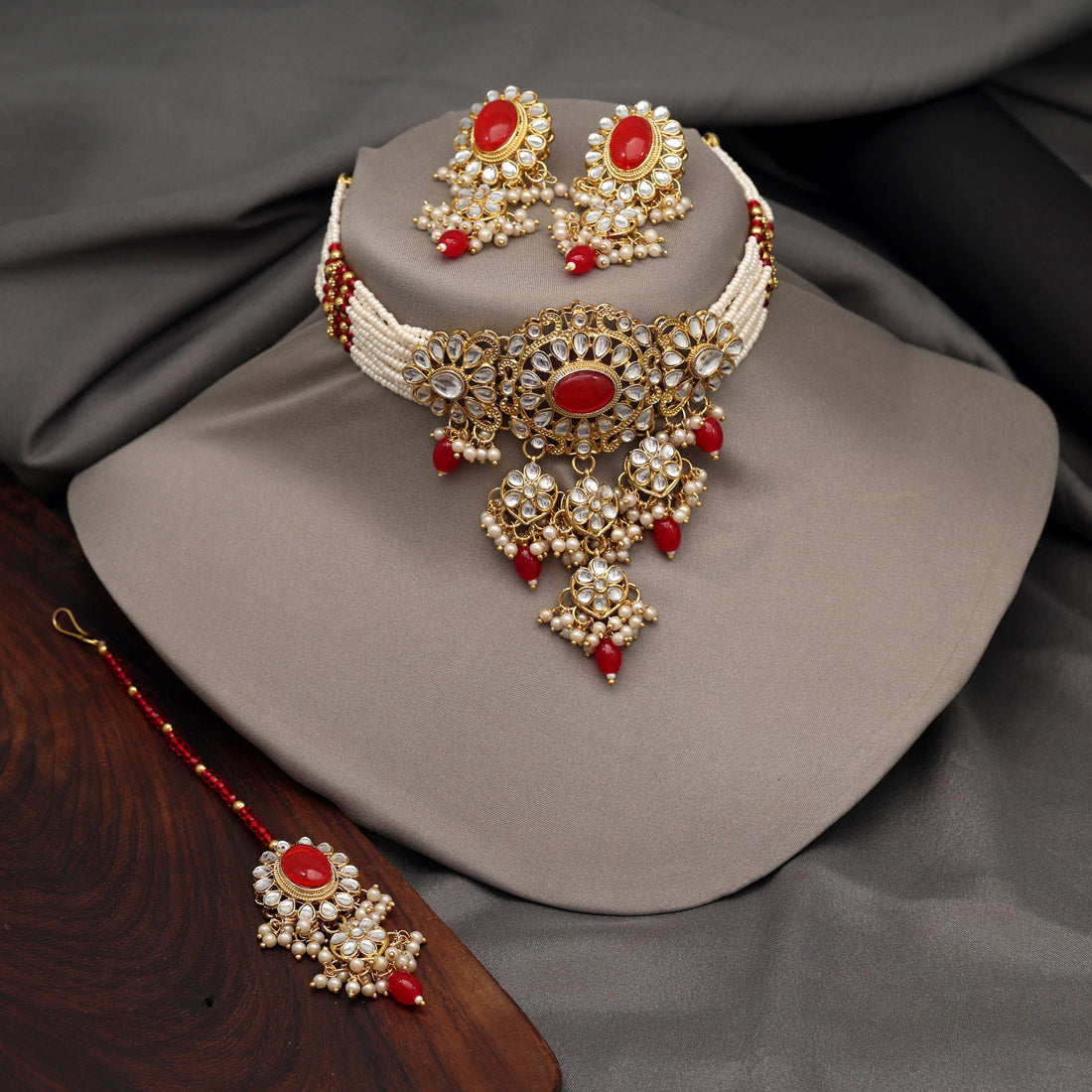 Red Color Choker Kundan Necklace Set (KN1356RED) - preyans.com