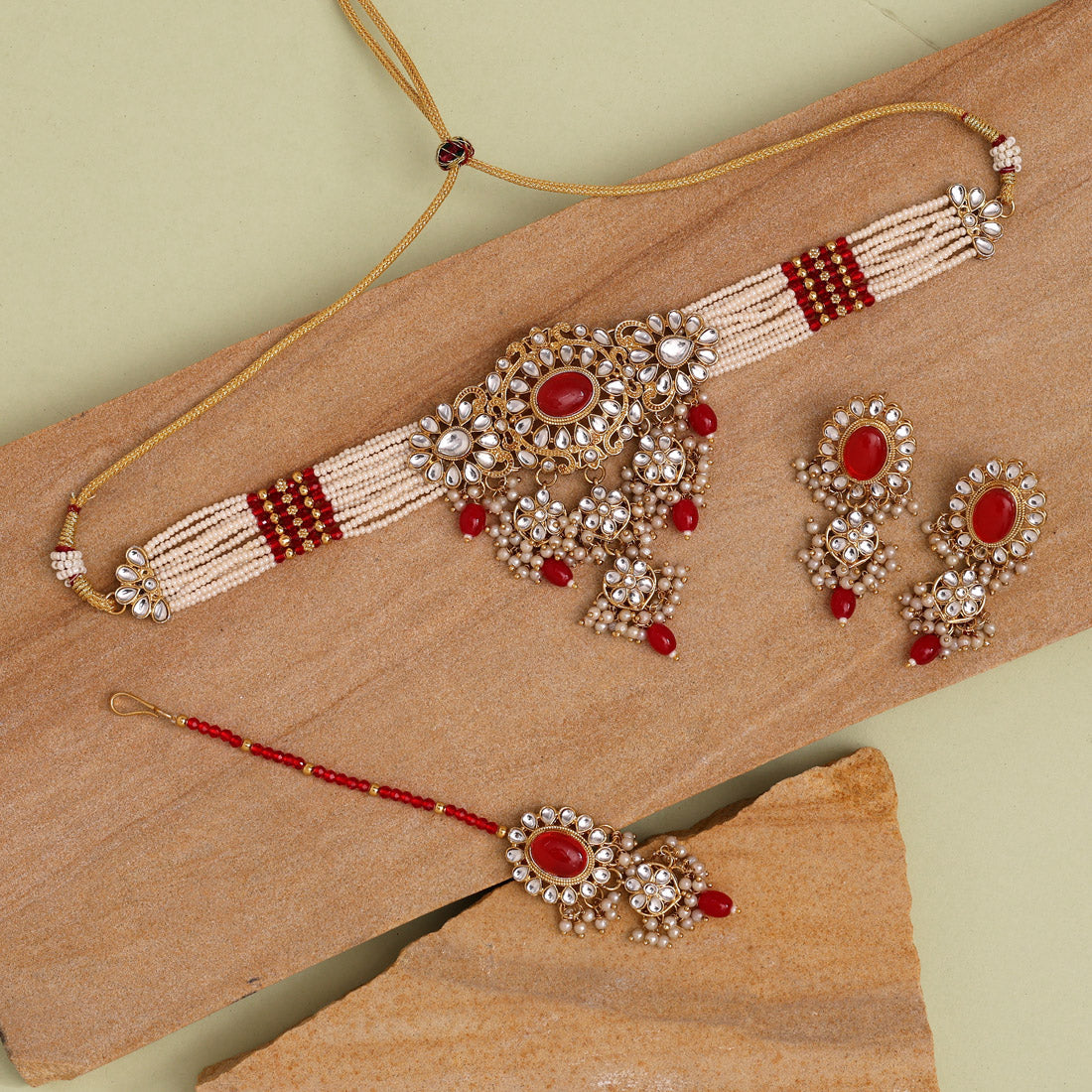 Red Color Choker Kundan Necklace Set (KN1356RED) - preyans.com