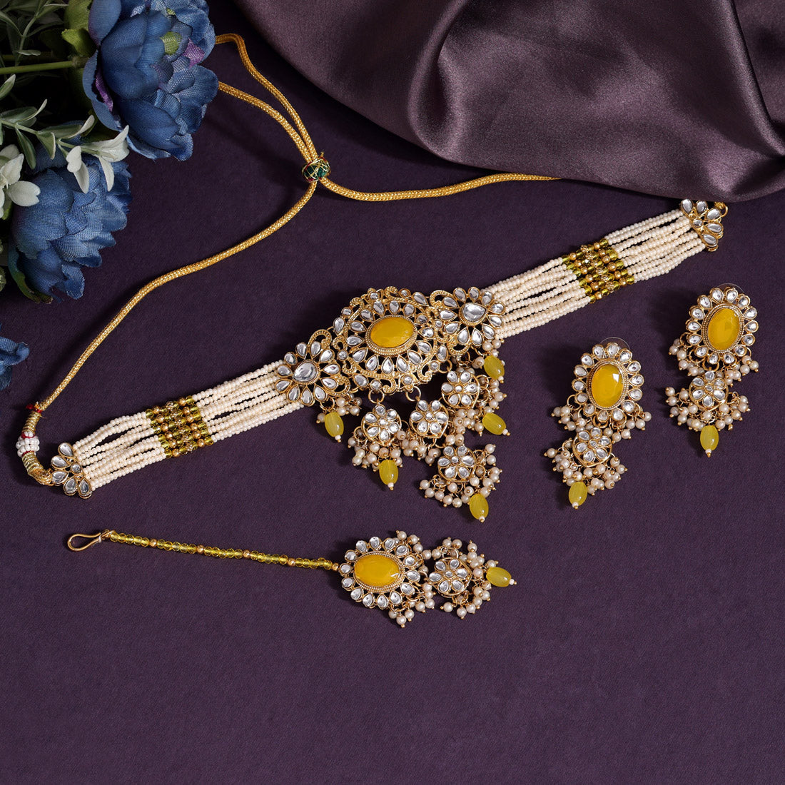 Yellow Color Choker Kundan Necklace Set (KN1356YLW) - preyans.com