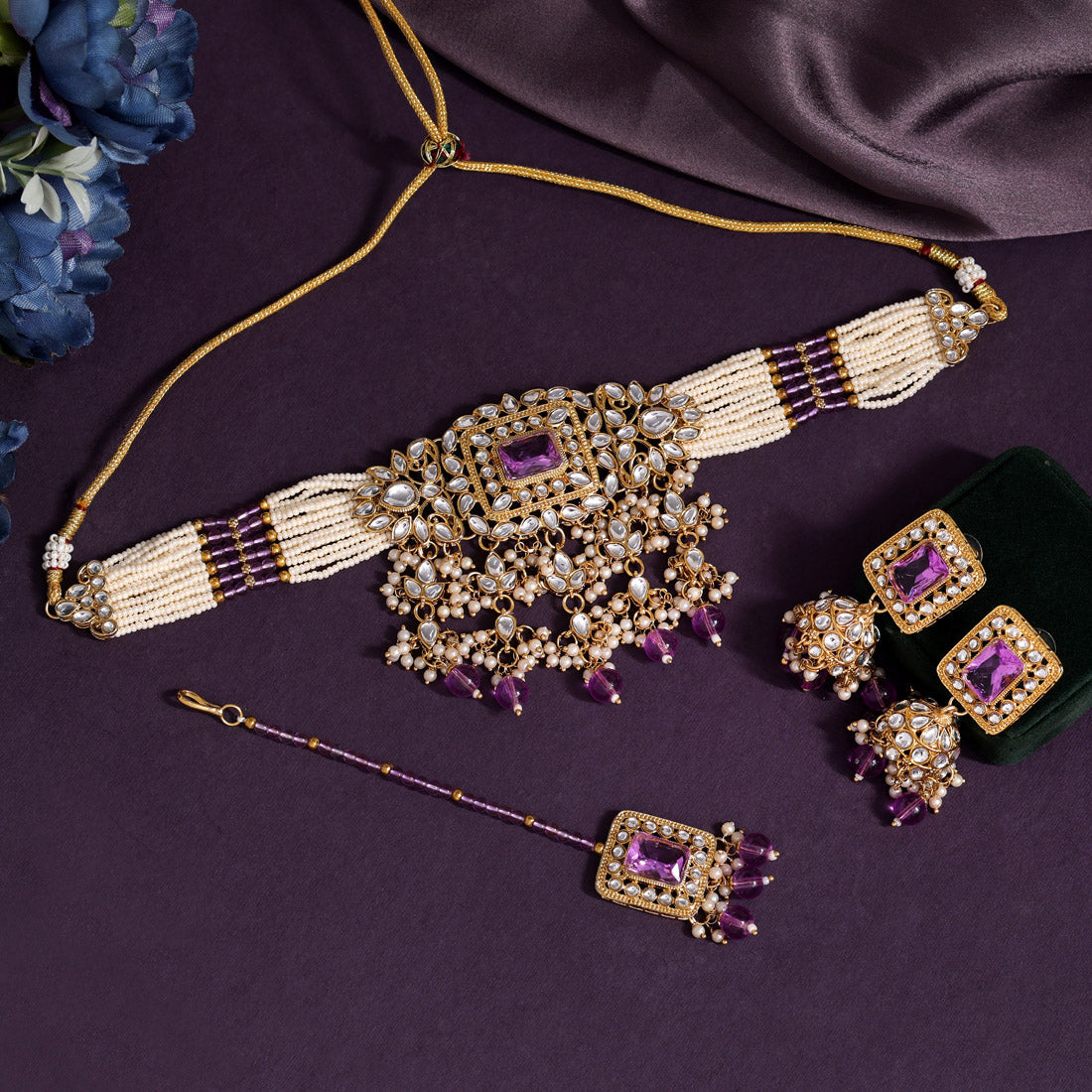 Light Purple Color Choker Kundan Necklace Set (KN1357LPRP) - preyans.com