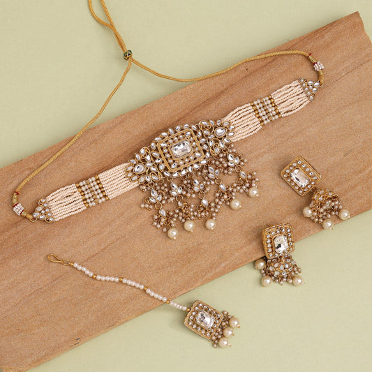 White Color Choker Kundan Necklace Set (KN1357WHT) - Preyans.com