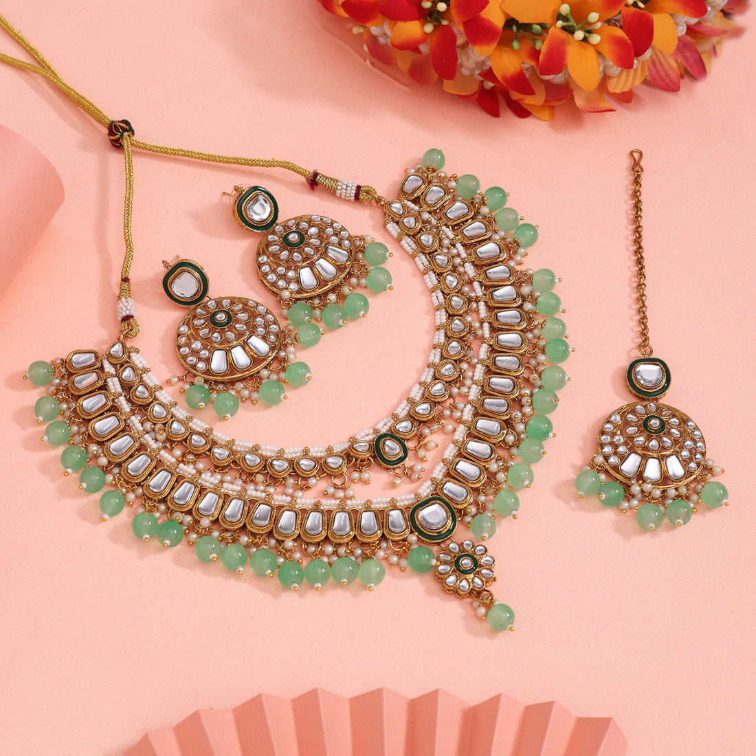 Pista Green Color Kundan Necklace Set (KN1358PGRN) - eindiawholesale.com