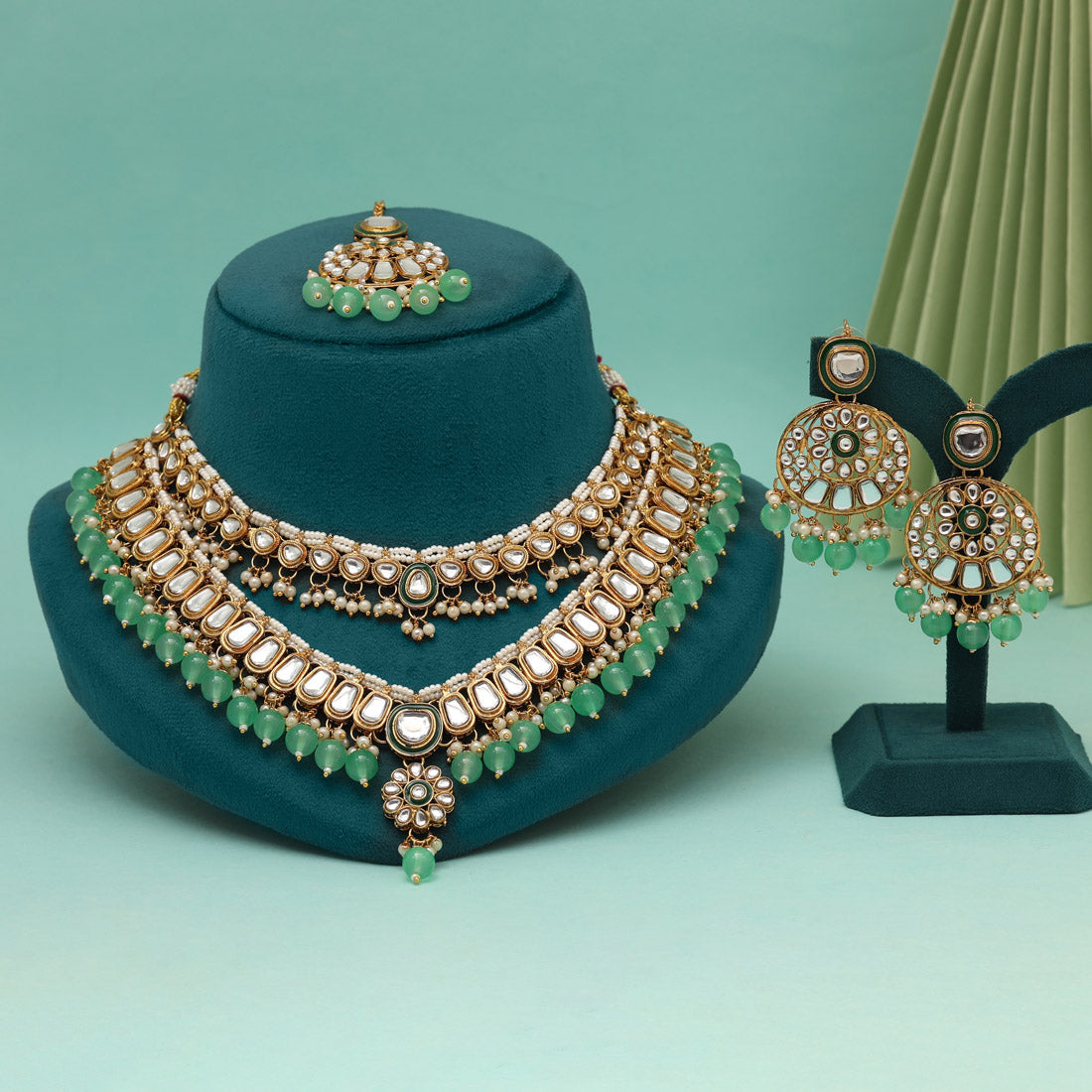 Pista Green Color Kundan Necklace Set (KN1358PGRN) - eindiawholesale.com