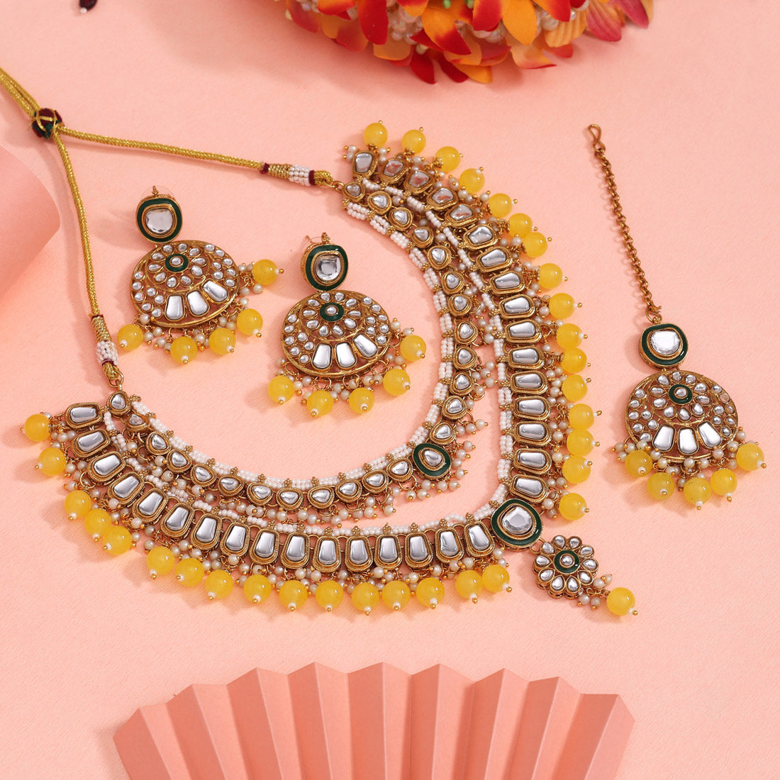 Yellow Color Kundan Necklace Set (KN1358YLW) - eindiawholesale.com