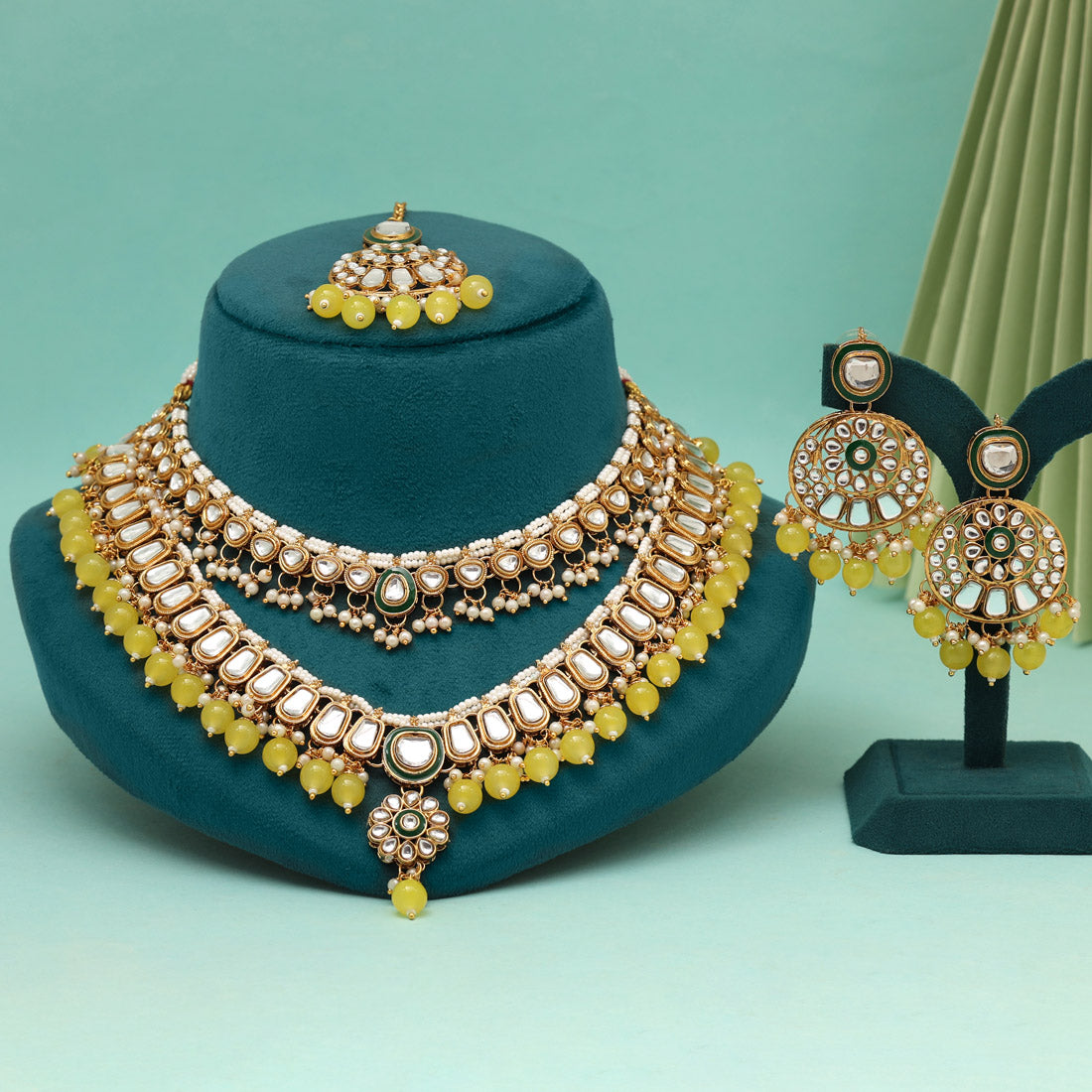 Yellow Color Kundan Necklace Set (KN1358YLW) - eindiawholesale.com