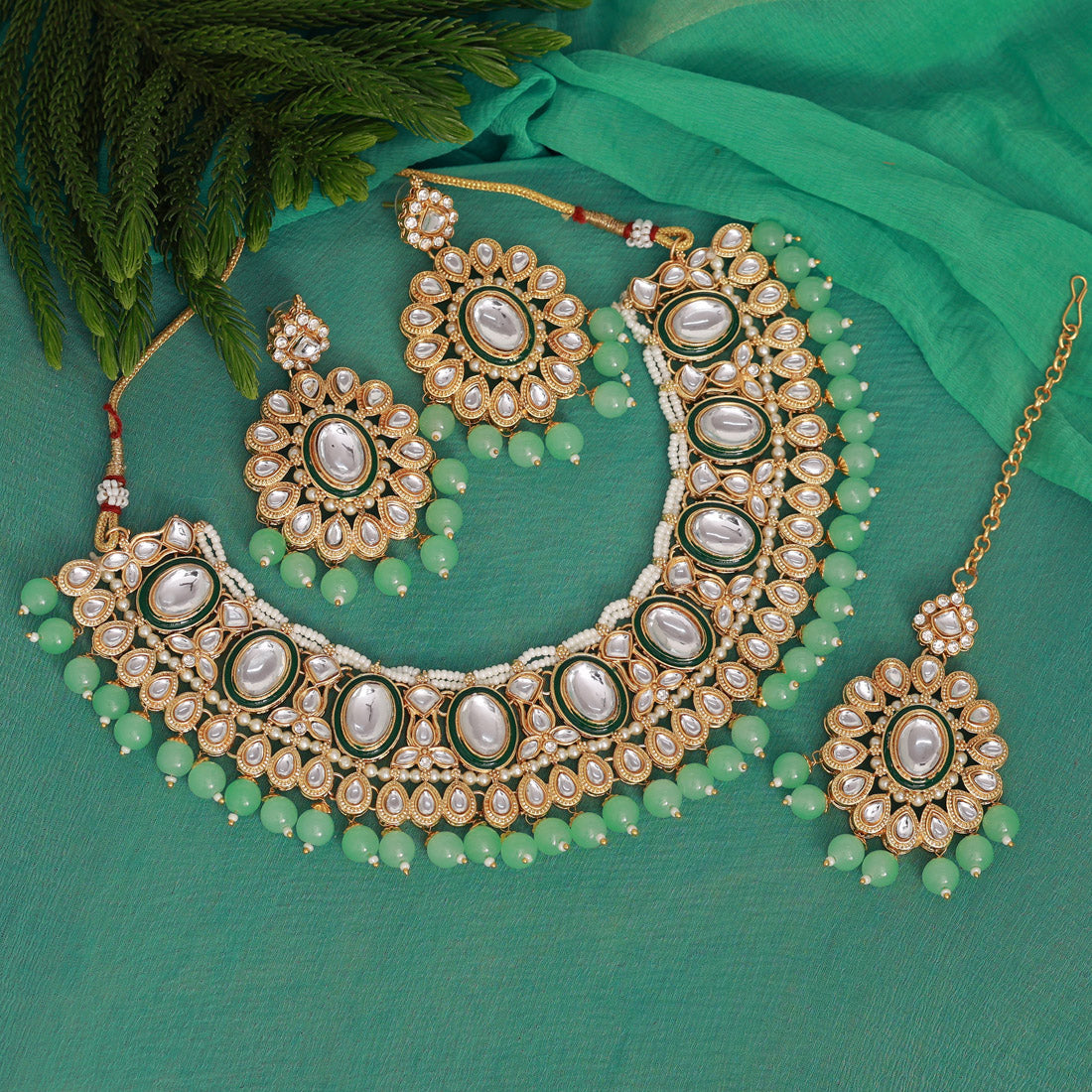 Pista Green Color Kundan Necklace Set (KN1362PGRN) - preyans.com