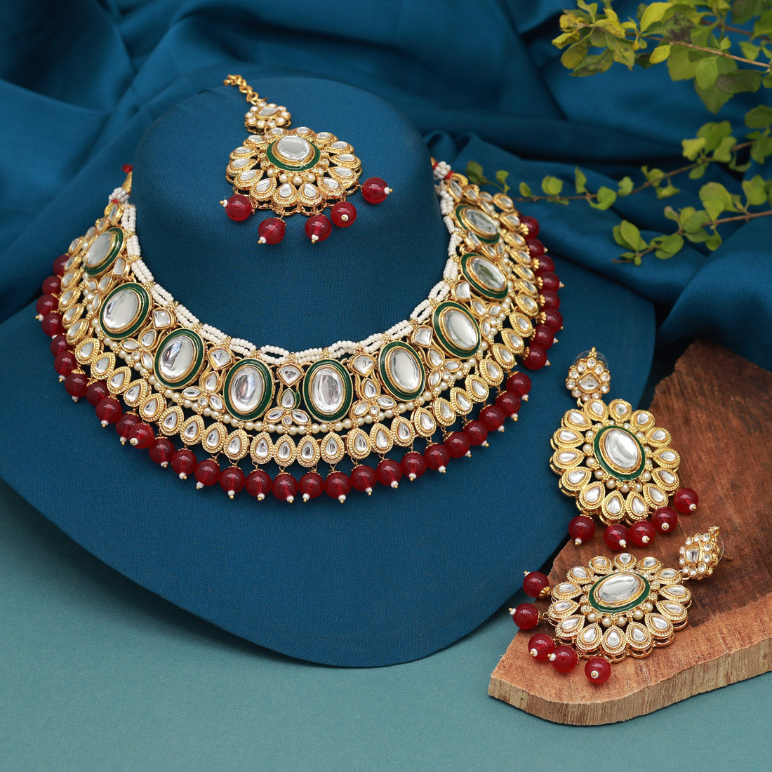 Rani Color Kundan Necklace Set (KN1362RNI) - preyans.com