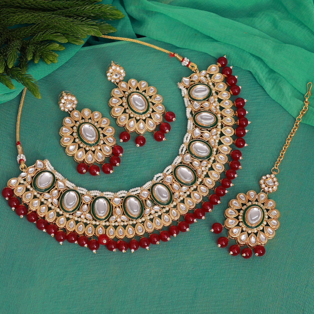 Rani Color Kundan Necklace Set (KN1362RNI) - preyans.com