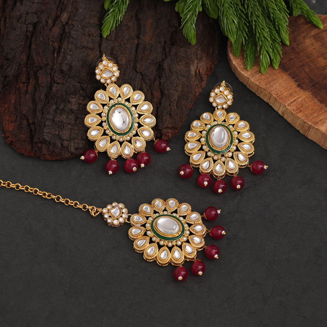 Rani Color Kundan Necklace Set (KN1362RNI) - preyans.com