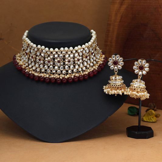 Maroon Color Choker Kundan Necklace Set (KN136MRN) - Preyans.com