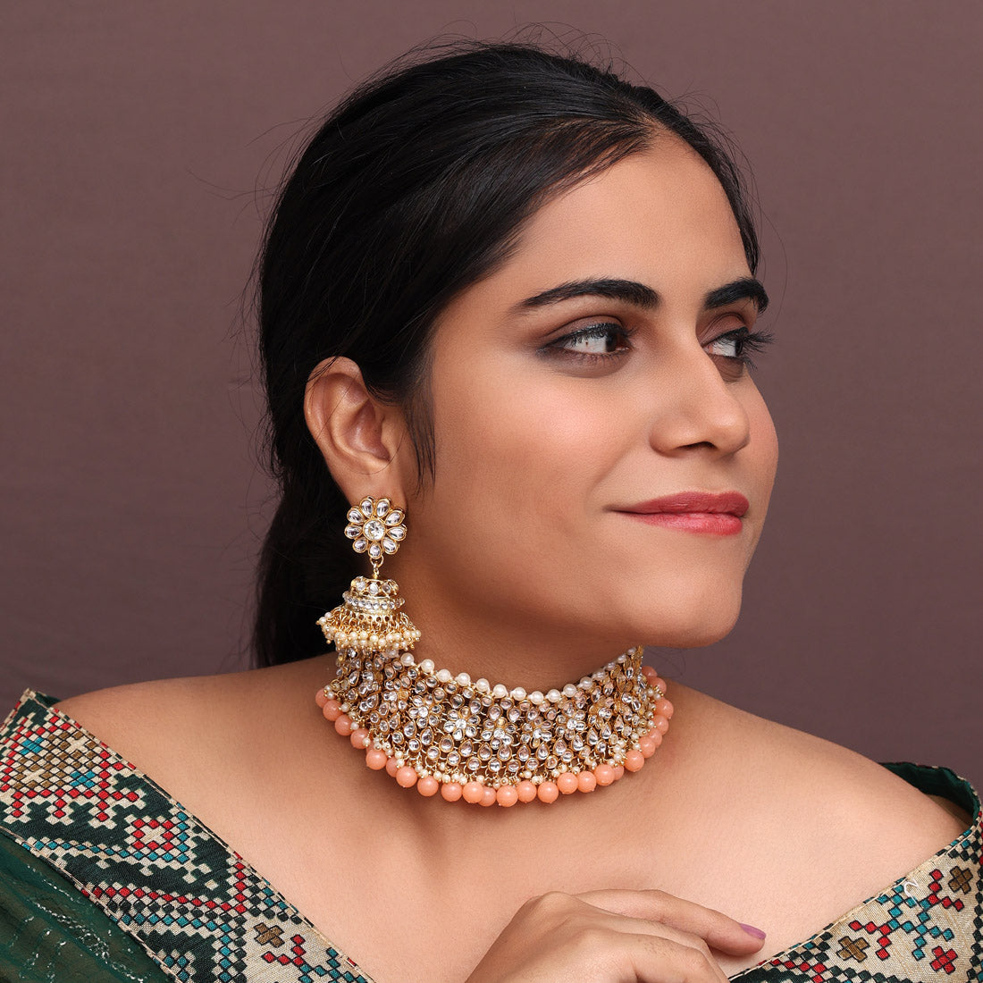 Peach Color Choker Kundan Necklace With Earring (KN136PCH) - preyans.com