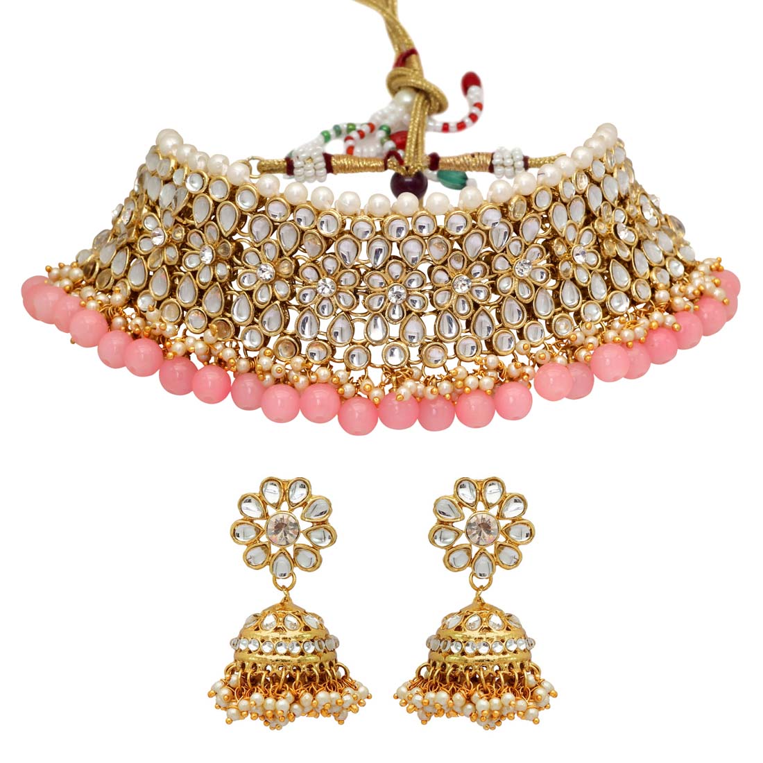 Peach Color Choker Kundan Necklace With Earring (KN136PCH) - preyans.com