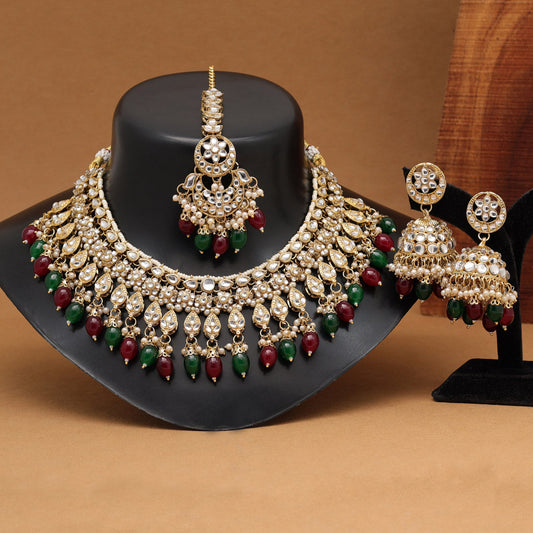 Maroon & Green Color Kundan Necklace Set (KN1375MG) - Preyans.com