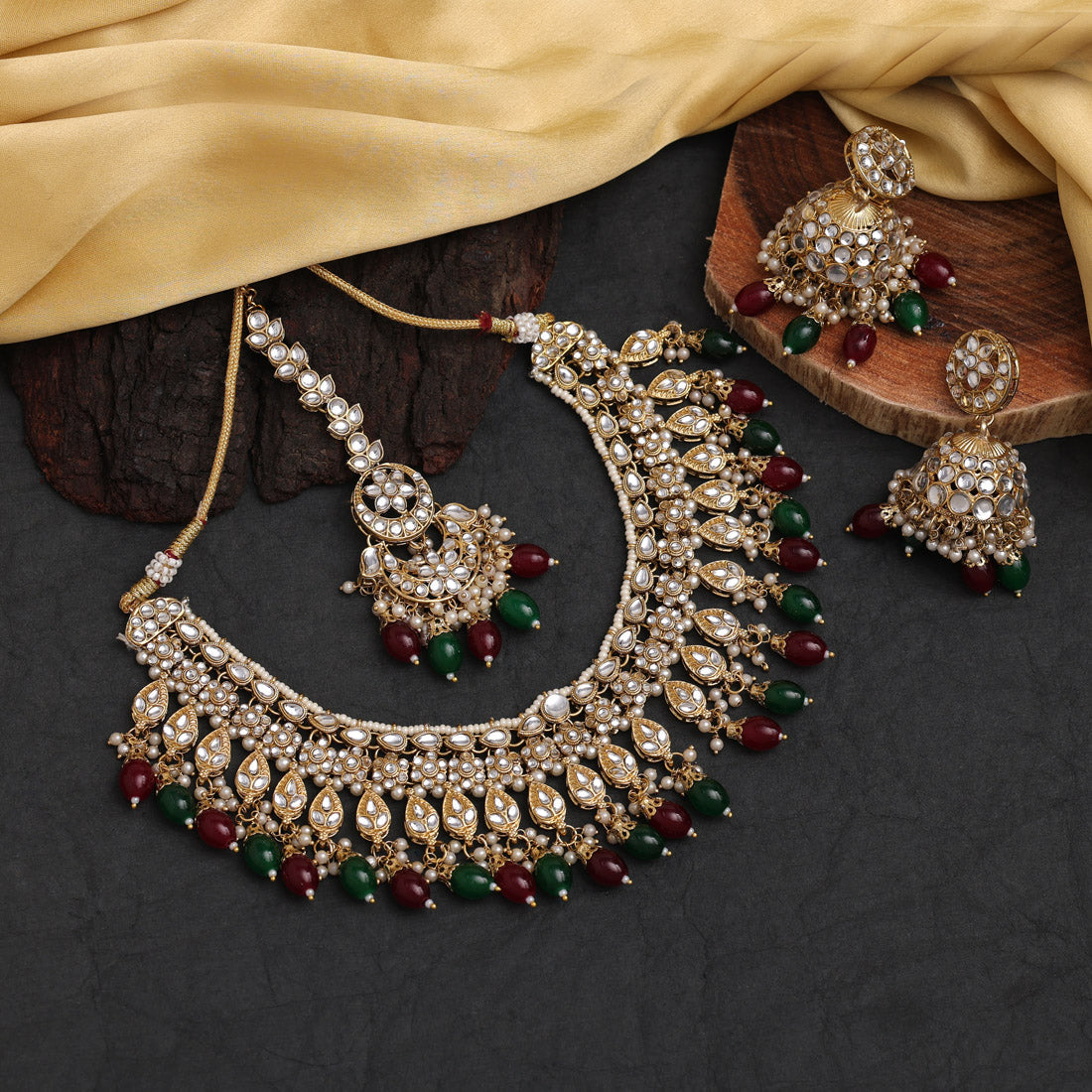 Maroon & Green Color Kundan Necklace Set (KN1375MG) - Preyans.com