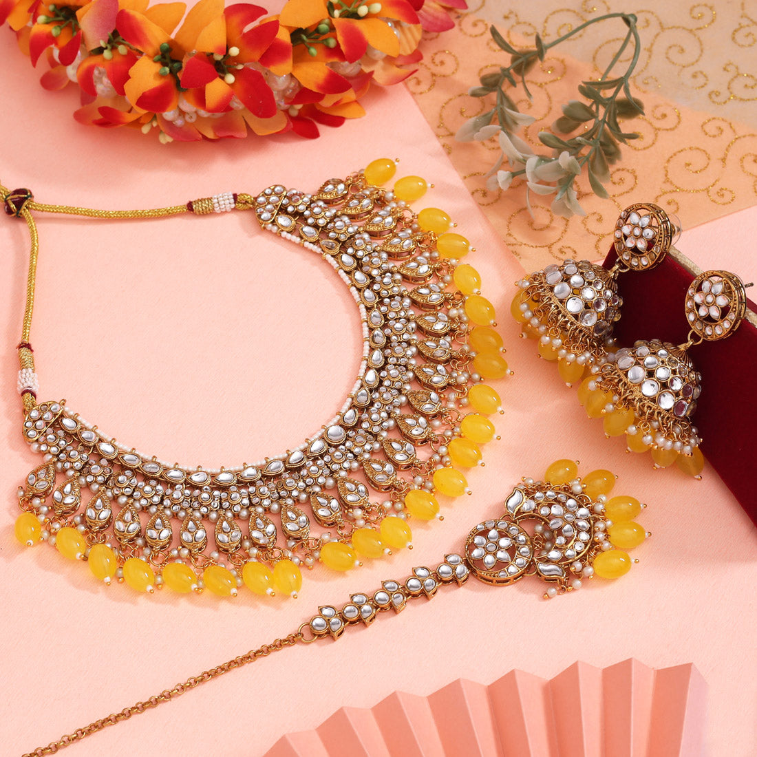 Yellow Color Kundan Necklace Set (KN1375YLW) - eindiawholesale.com