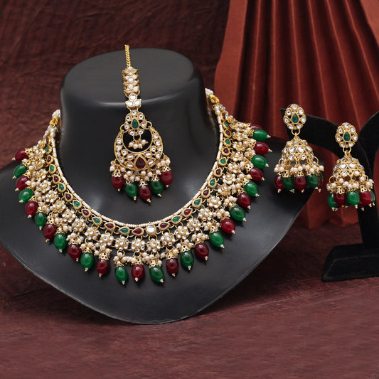 Maroon & Green Color Kundan Necklace Set (KN1376MG) - preyans.com