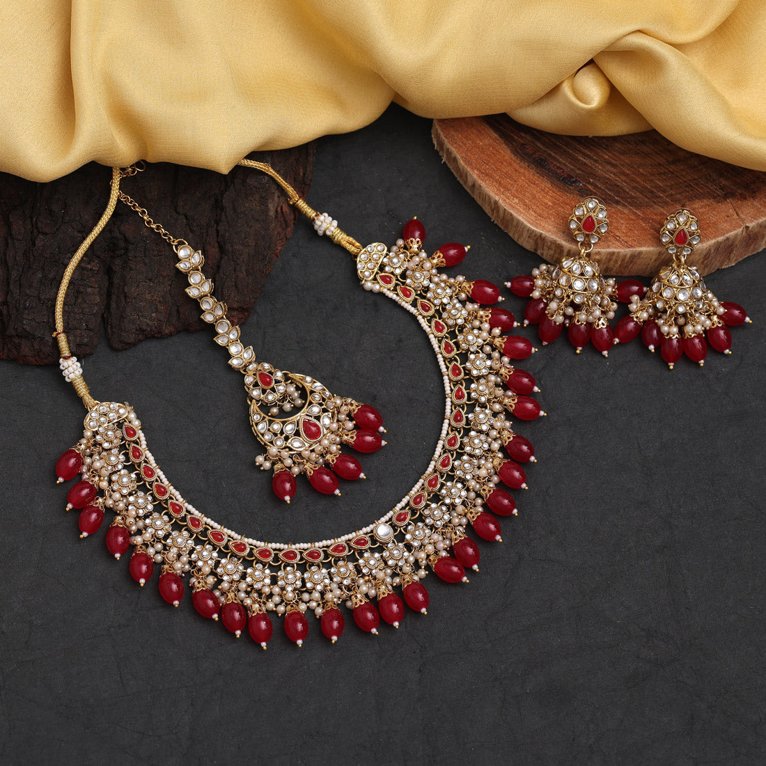 Red Color Kundan Necklace Set (KN1376RED) - preyans.com