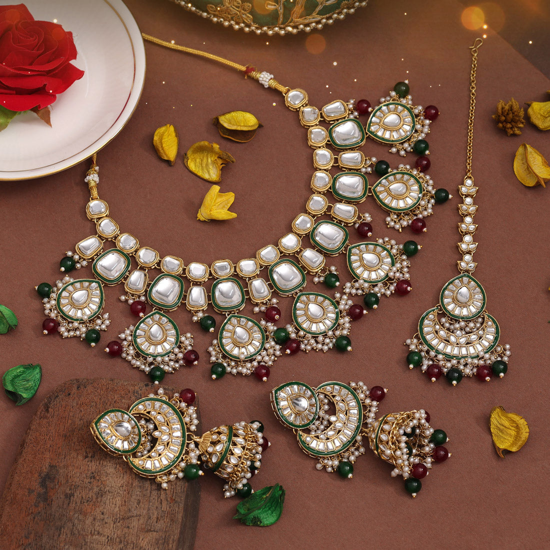 Maroon & Green Color Kundan Necklace Set (KN1377MG) - preyans.com