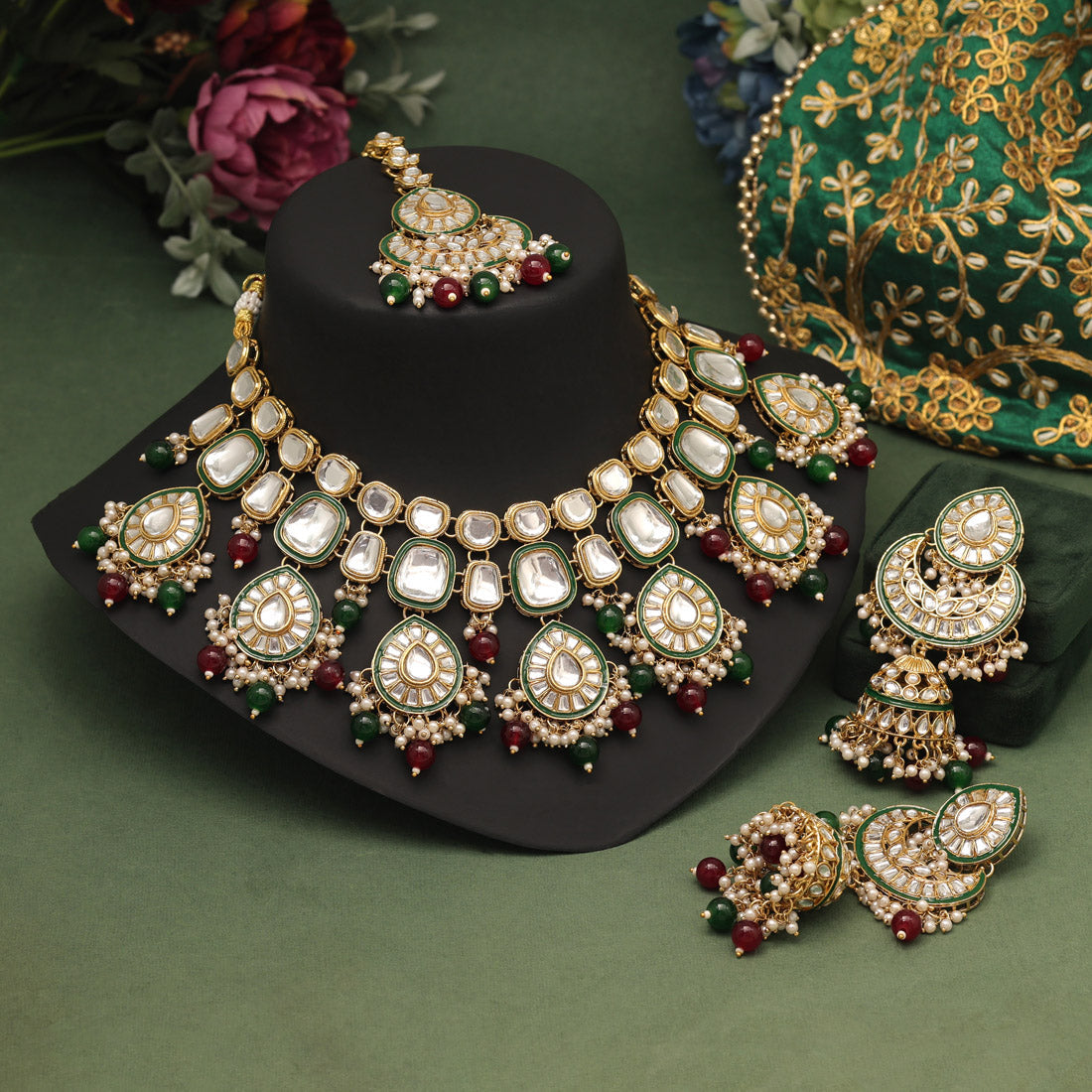 Maroon & Green Color Kundan Necklace Set (KN1377MG) - preyans.com