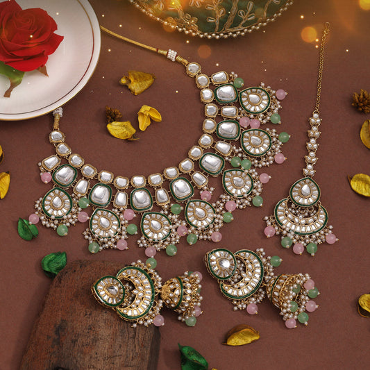 Pink & Parrot Green Color Kundan Necklace Set (KN1377PNKPGRN) - preyans.com