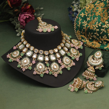 Pink & Parrot Green Color Kundan Necklace Set (KN1377PNKPGRN) - preyans.com