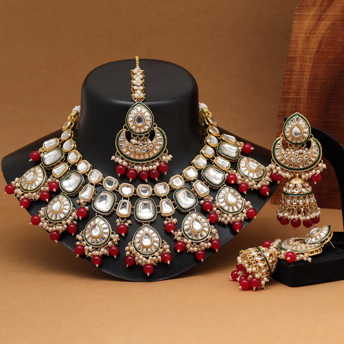 Red Color Kundan Necklace Set (KN1377RED) - preyans.com