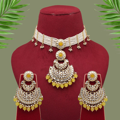 Yellow Color Choker Kundan Necklace Set (KN1378YLW) - preyans.com