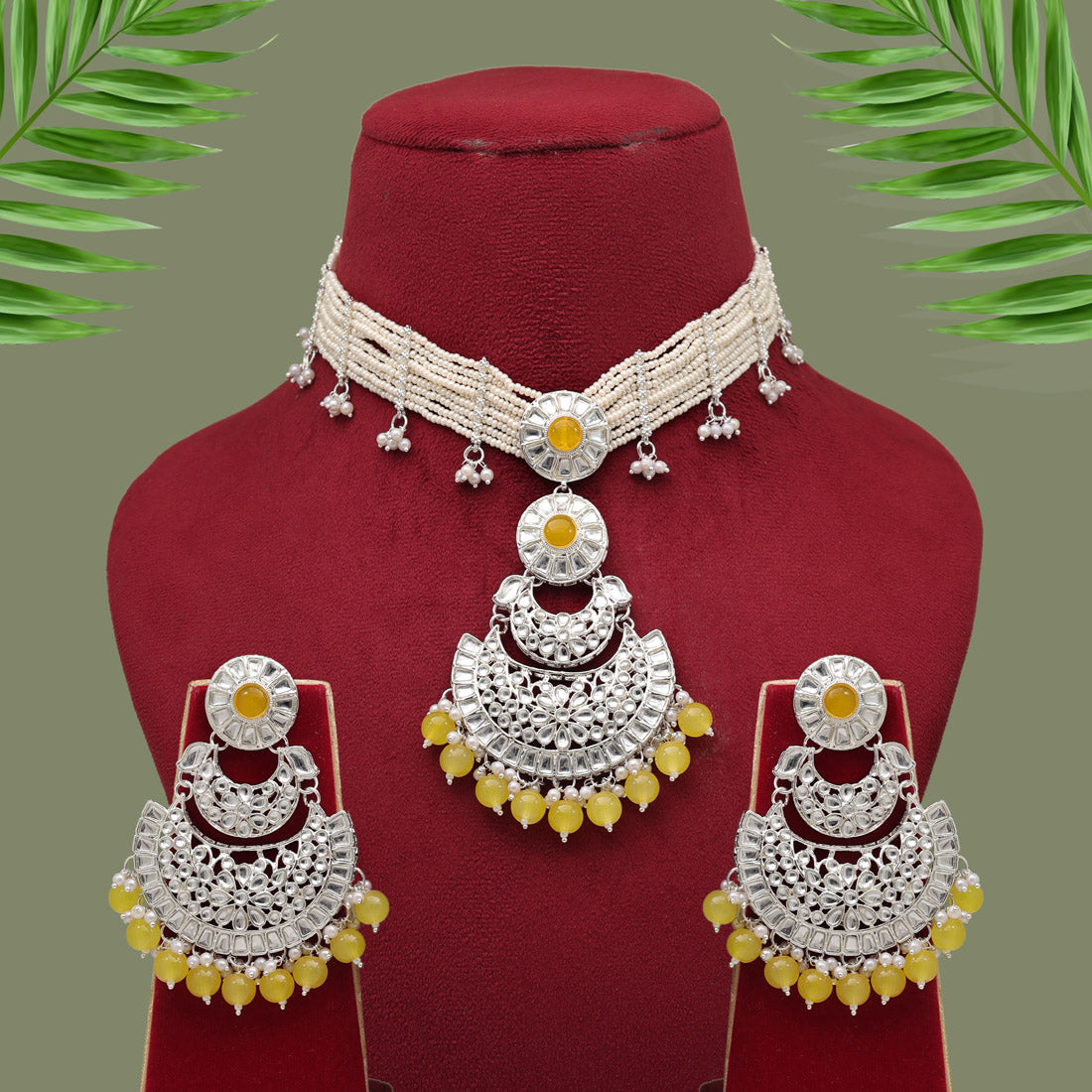 Yellow Color Choker Kundan Necklace Set (KN1379YLW) - preyans.com