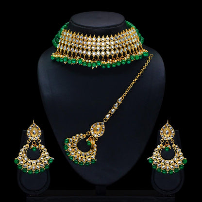 Green Color Kundan Choker Necklace Set (KN137GRN) - preyans.com