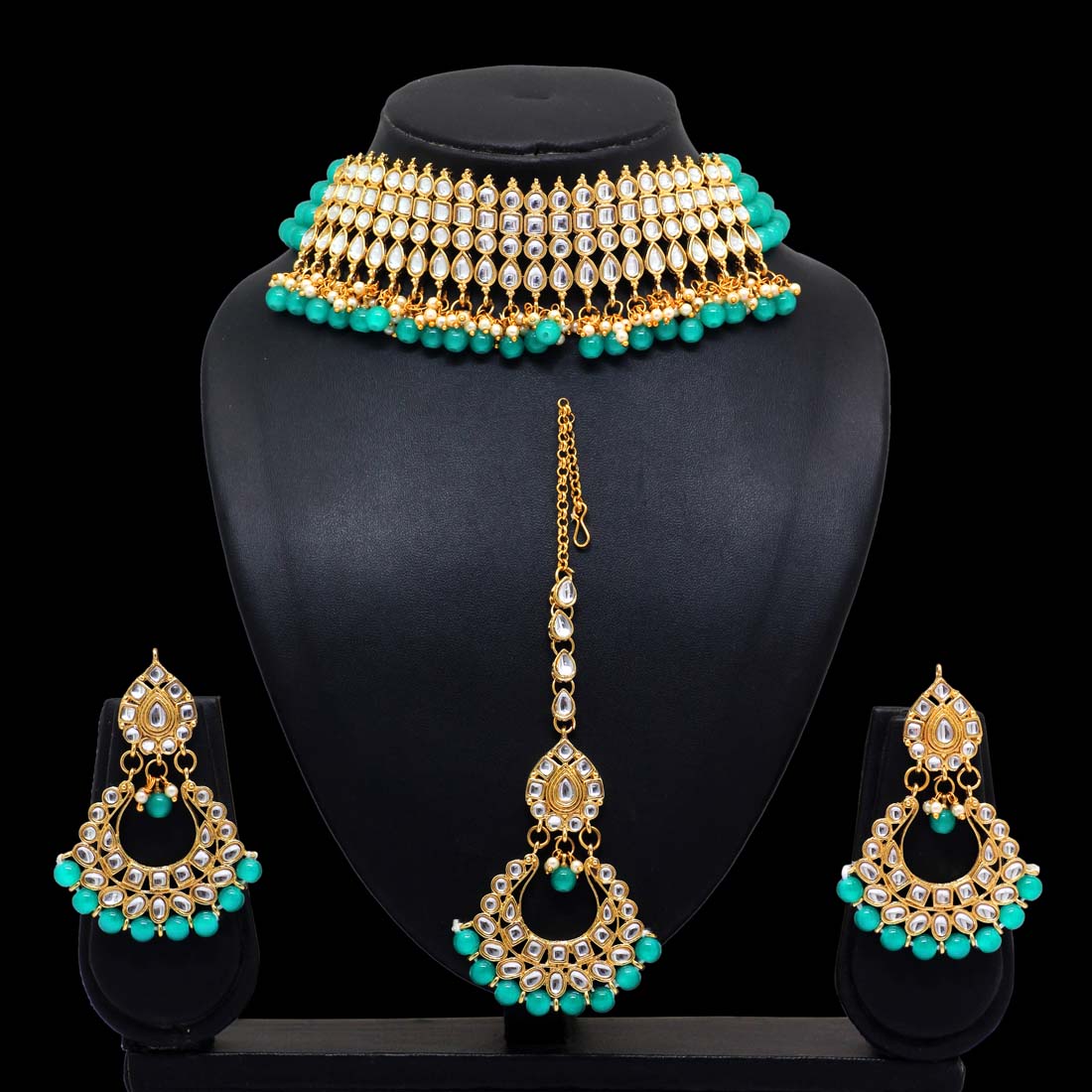 Rama Green Color Kundan Choker Necklace Set (KN137RGRN) - preyans.com