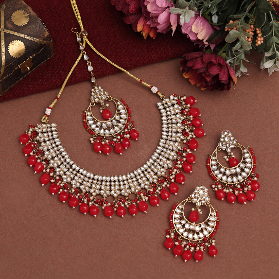 Red Color Kundan Necklace Set (KN1388RED) - preyans.com