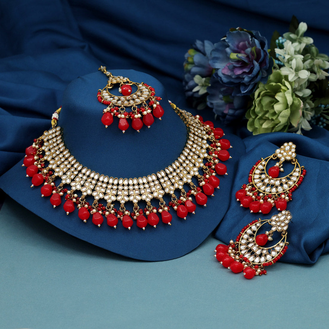 Red Color Kundan Necklace Set (KN1388RED) - preyans.com