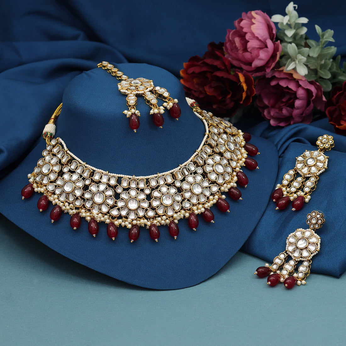 Maroon Color Kundan Necklace Set (KN1390MRN) - preyans.com