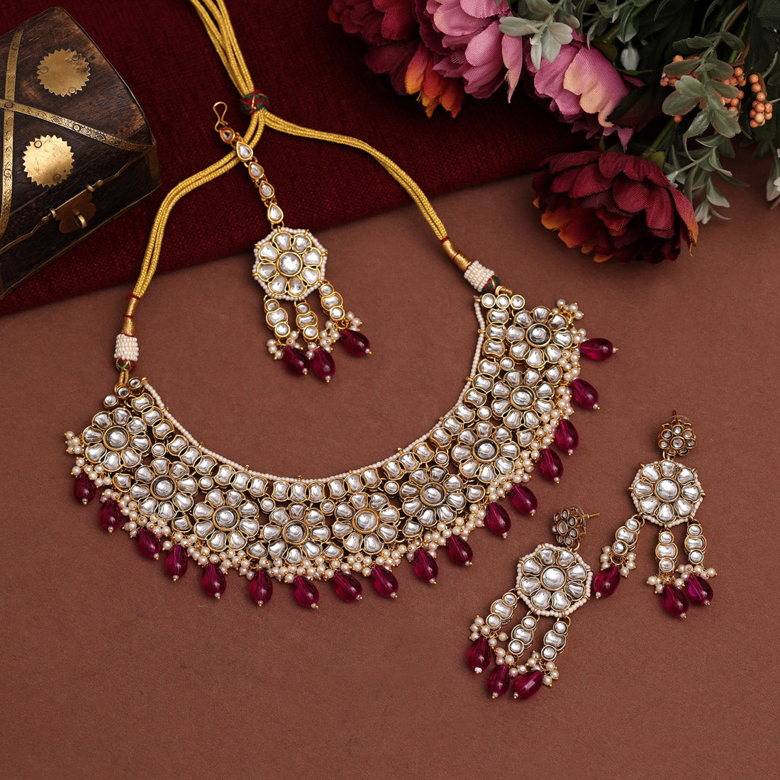 Rani Color Kundan Necklace Set (KN1390RNI) - preyans.com