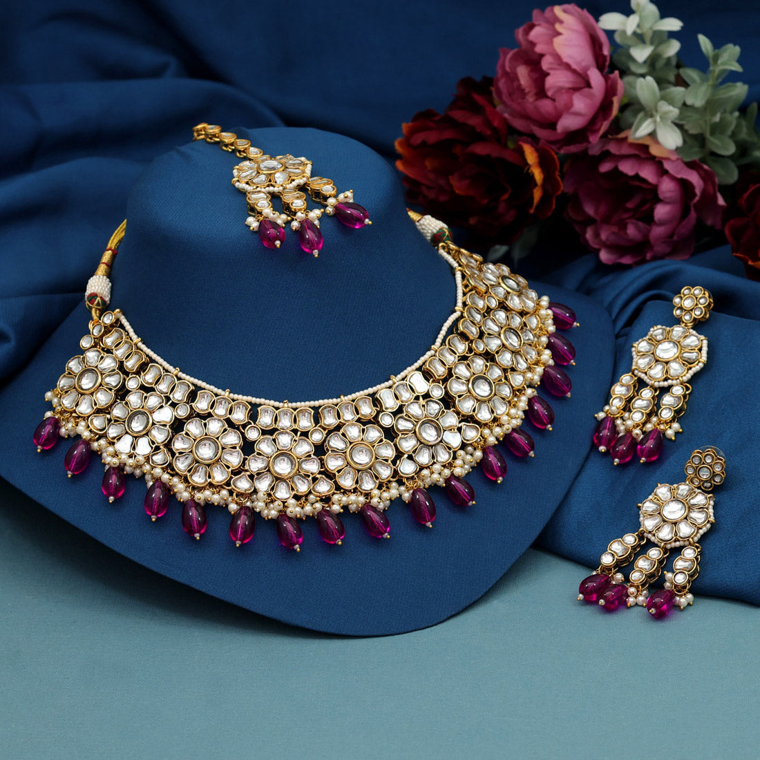 Rani Color Kundan Necklace Set (KN1390RNI) - preyans.com