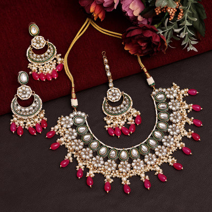 Dark Pink Color Meena Work Kundan Necklace Set (KN1391DPNK) - preyans.com