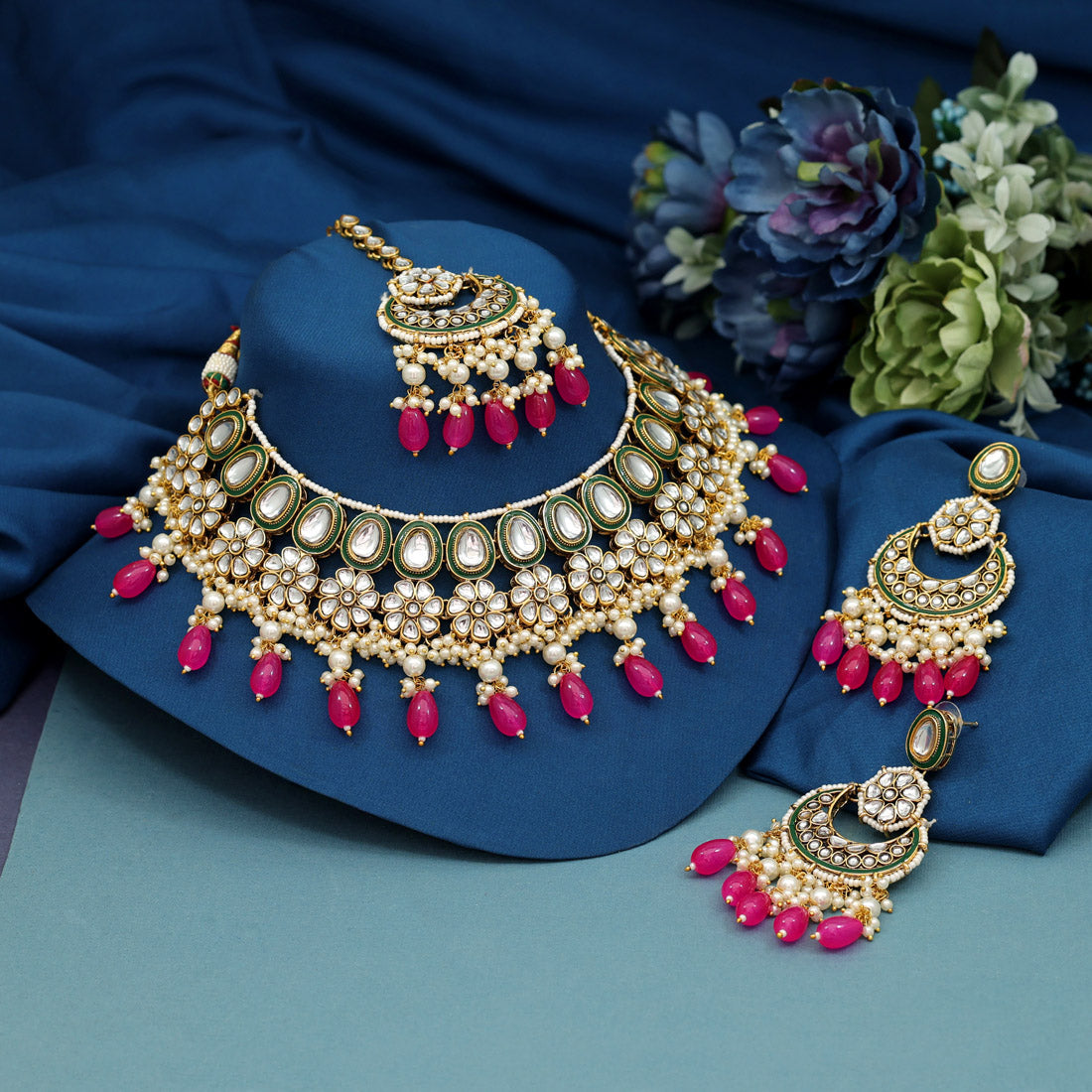 Dark Pink Color Meena Work Kundan Necklace Set (KN1391DPNK) - preyans.com