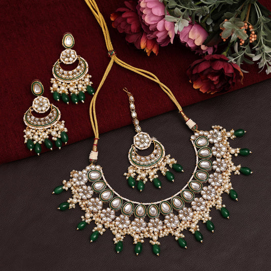 Green Color Meena Work Kundan Necklace Set (KN1391GRN) - preyans.com