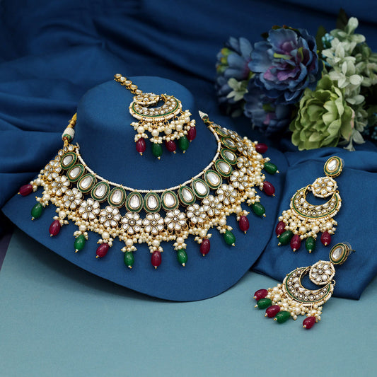 Maroon & Green Color Meena Work Kundan Necklace Set (KN1391MG) - preyans.com