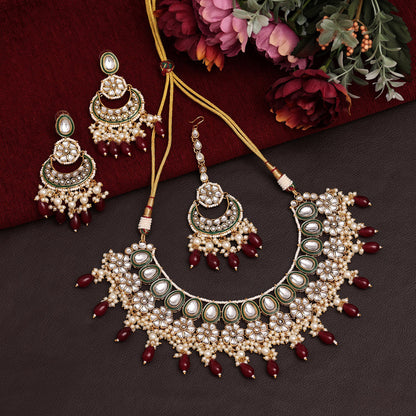 Maroon Color Meena Work Kundan Necklace Set (KN1391MRN) - preyans.com