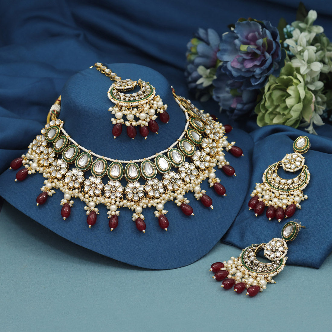 Maroon Color Meena Work Kundan Necklace Set (KN1391MRN) - preyans.com