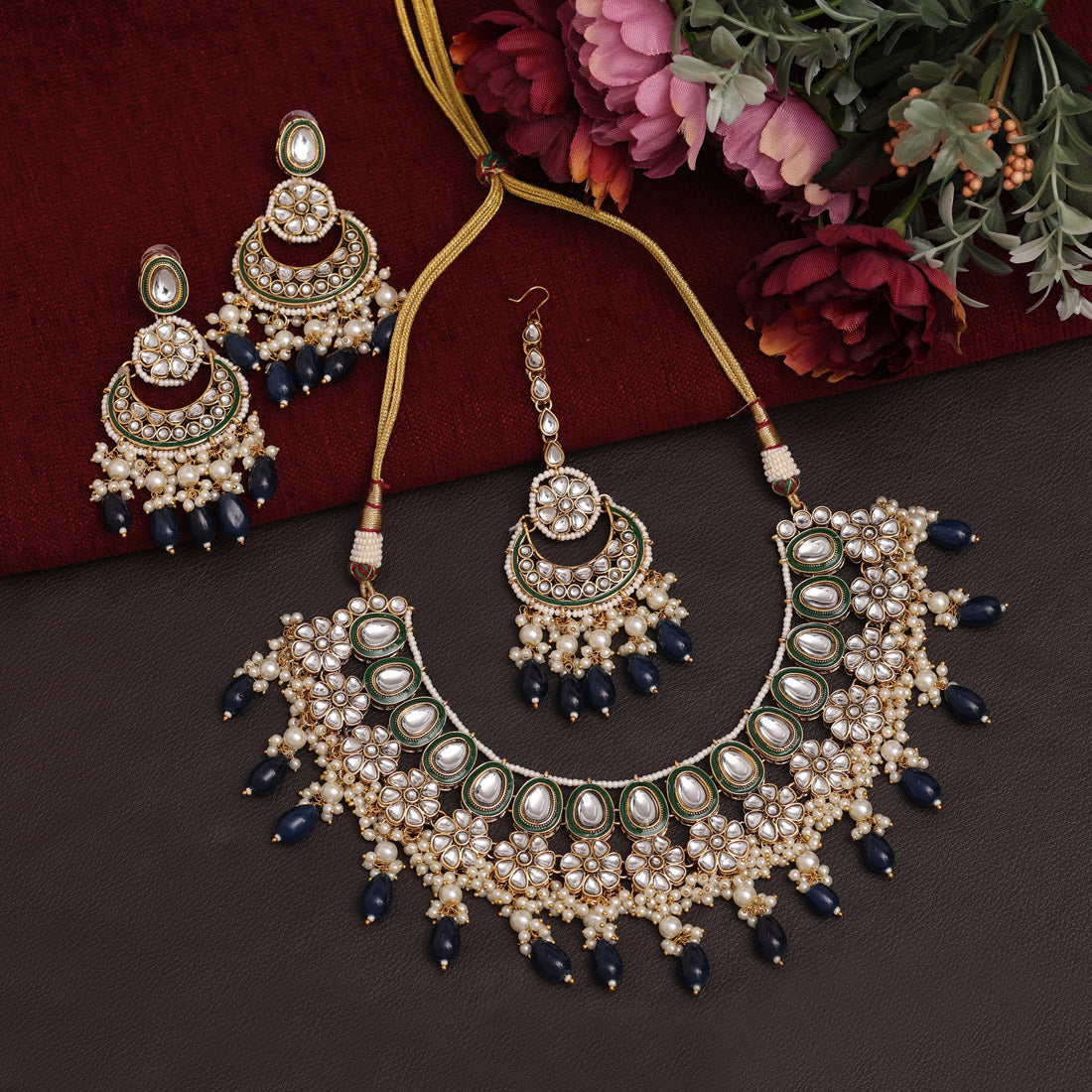 Navy Blue Color Meena Work Kundan Necklace Set (KN1391NBLU) - preyans.com