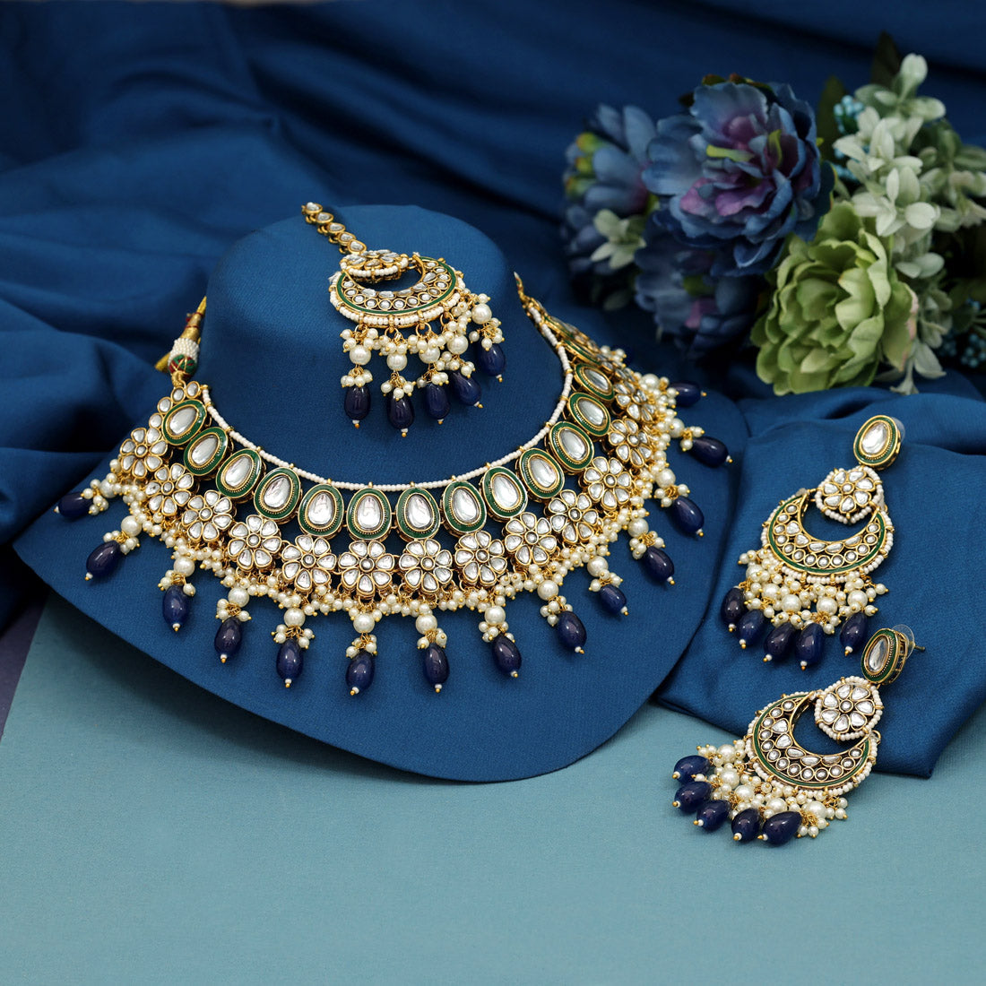 Navy Blue Color Meena Work Kundan Necklace Set (KN1391NBLU) - preyans.com