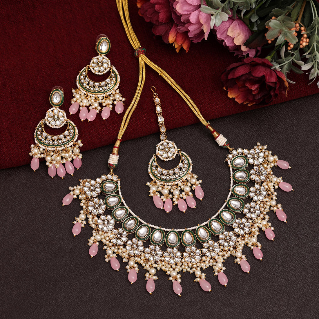 Pink Color Meena Work Kundan Necklace Set (KN1391PNK) - preyans.com