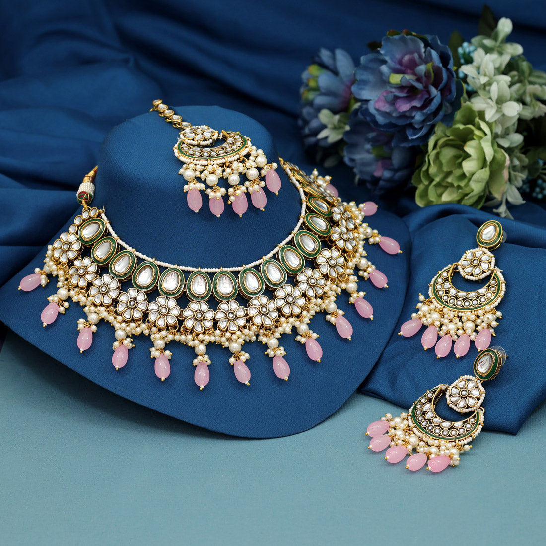 Pink Color Meena Work Kundan Necklace Set (KN1391PNK) - preyans.com