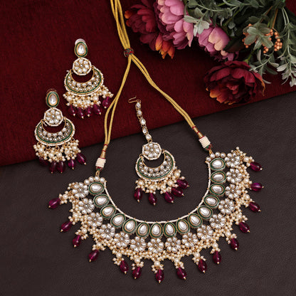 Rani Color Meena Work Kundan Necklace Set (KN1391RNI) - preyans.com