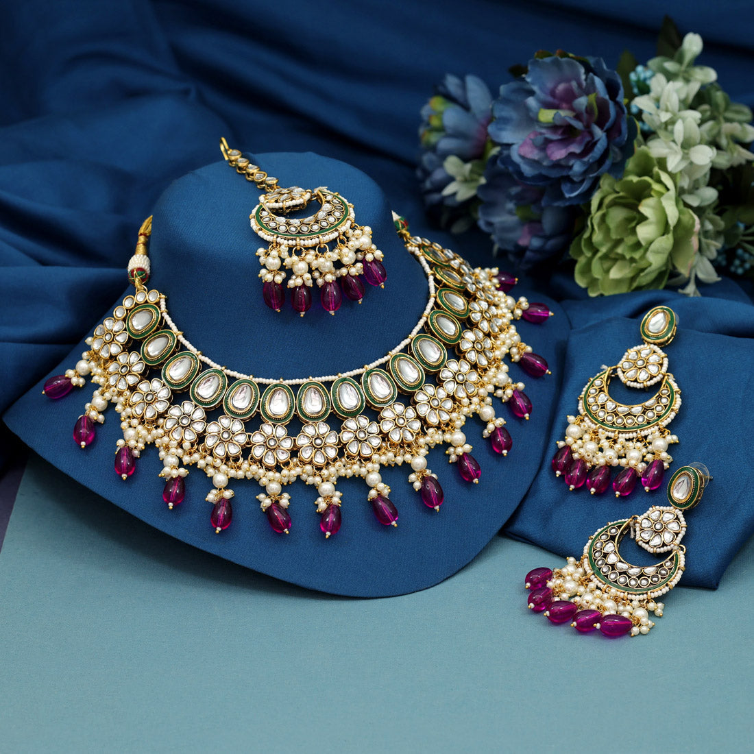 Rani Color Meena Work Kundan Necklace Set (KN1391RNI) - preyans.com