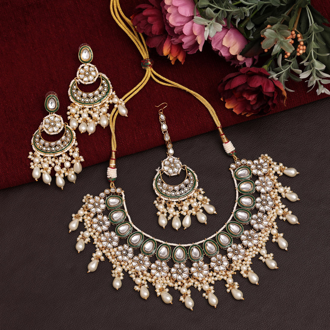 White Color Meena Work Kundan Necklace Set (KN1391WHT) - preyans.com