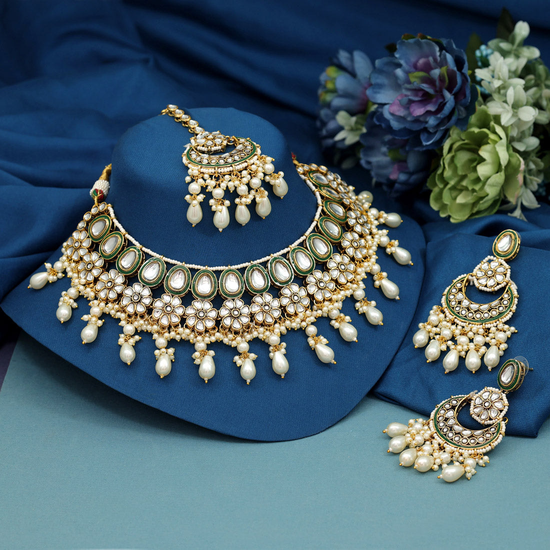 White Color Meena Work Kundan Necklace Set (KN1391WHT) - preyans.com